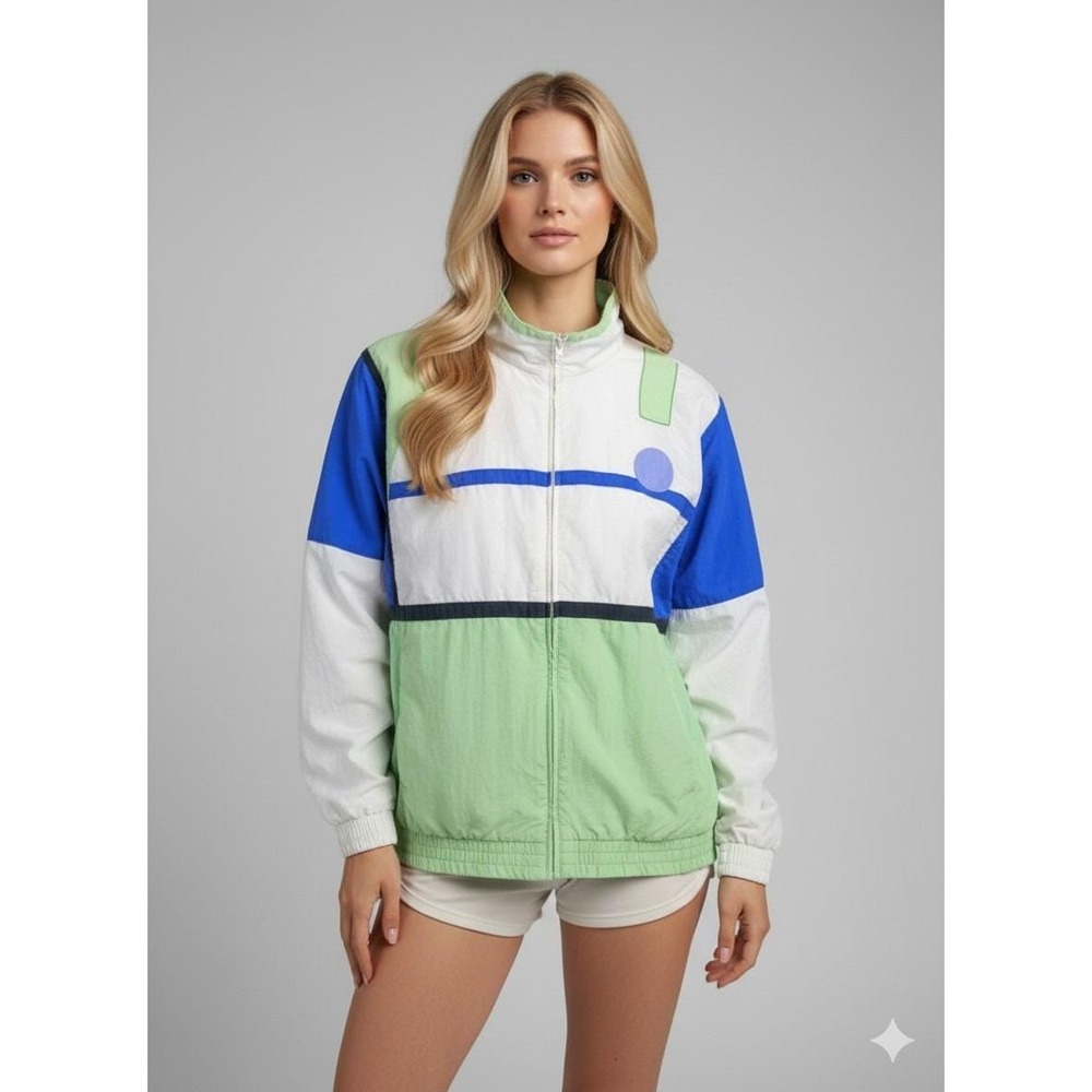 ✨ Vintage‎ 90s Tail Color Block Windbreaker Jacket S - Made in USA - Blue Green
